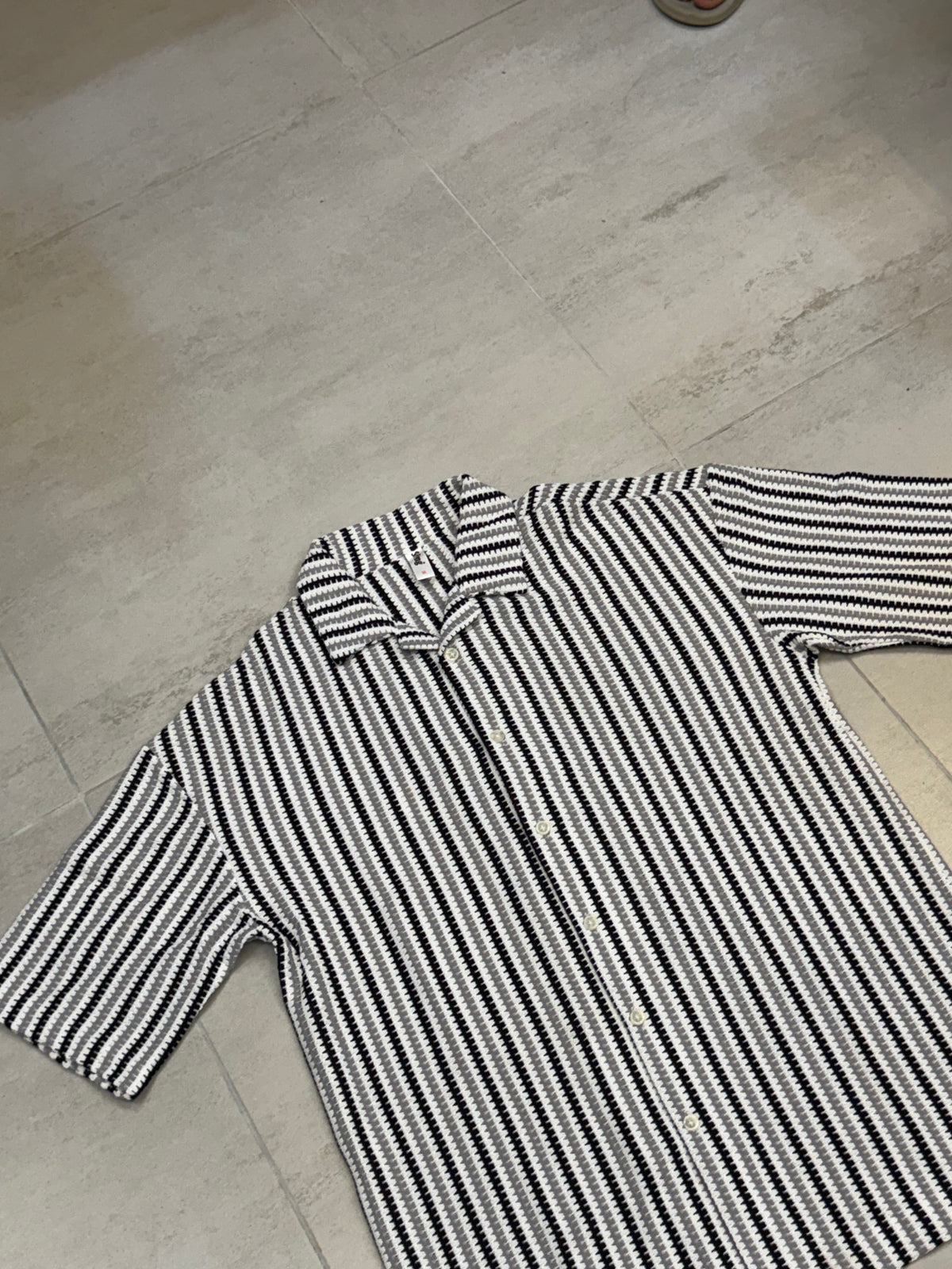 Tri-Tone Crochet Knit Striped Cuban Shirt
