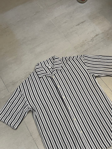 Tri-Tone Crochet Knit Striped Cuban Shirt