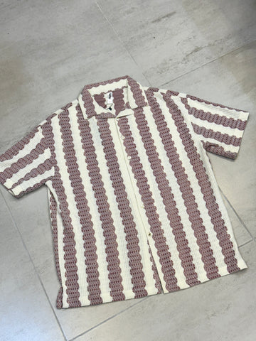 Wine & Cream Textured Scalloped Stripe Cuban Shirt