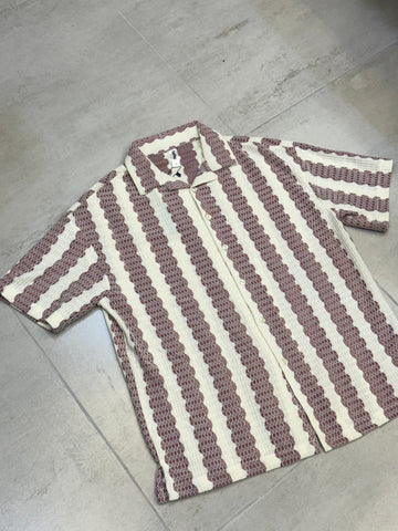 Wine & Cream Textured Scalloped Stripe Cuban Shirt