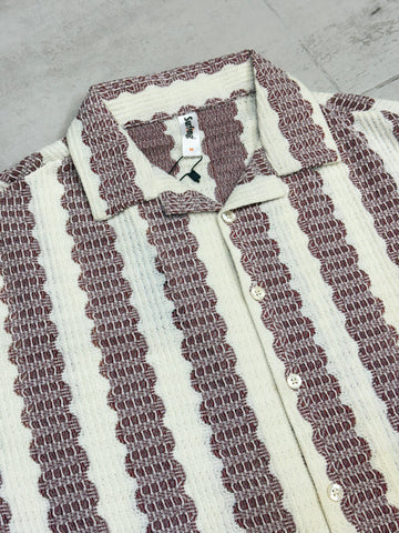 Wine & Cream Textured Scalloped Stripe Cuban Shirt