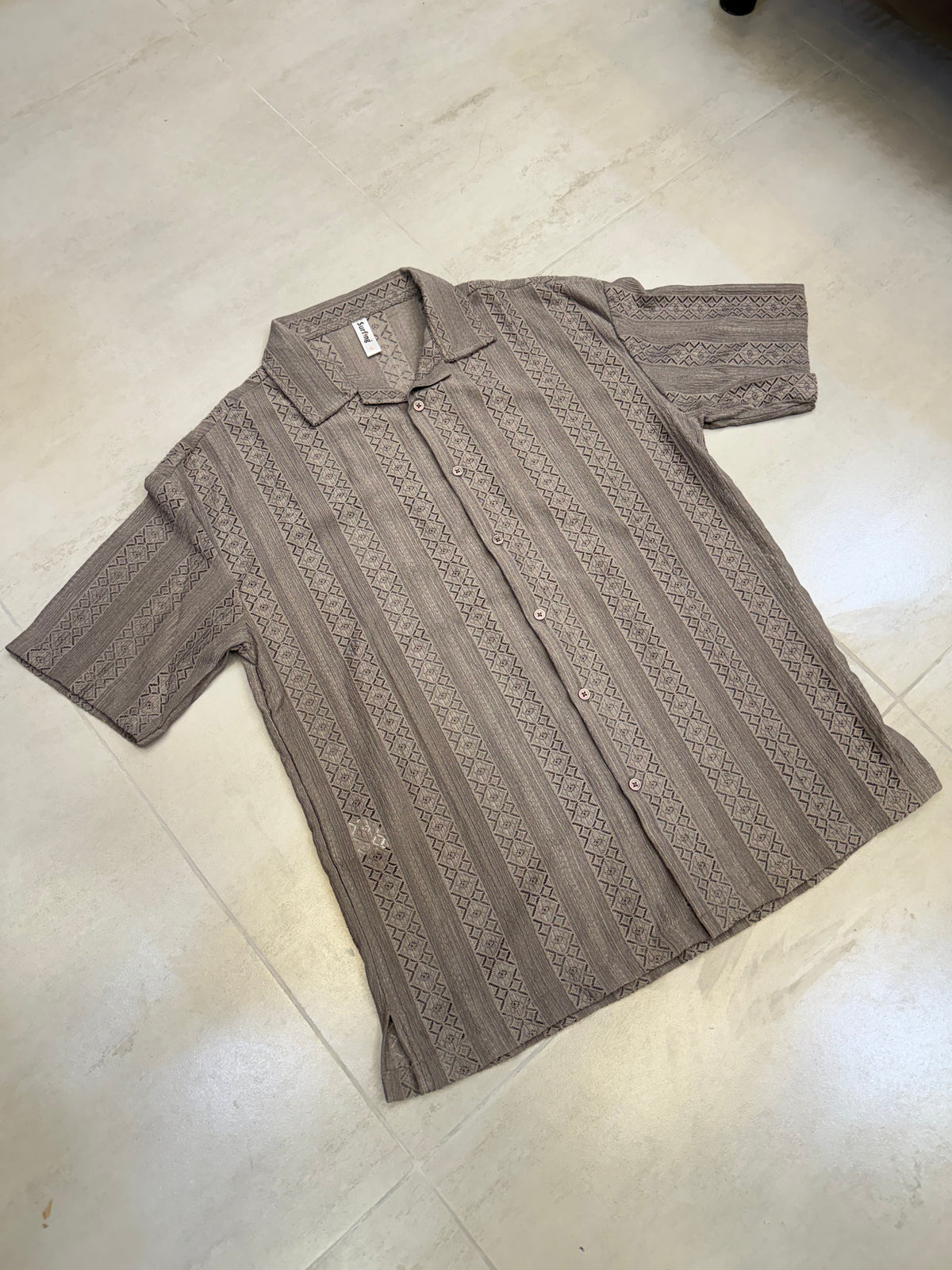 Taupe Geometric Lace Cuban Shirt