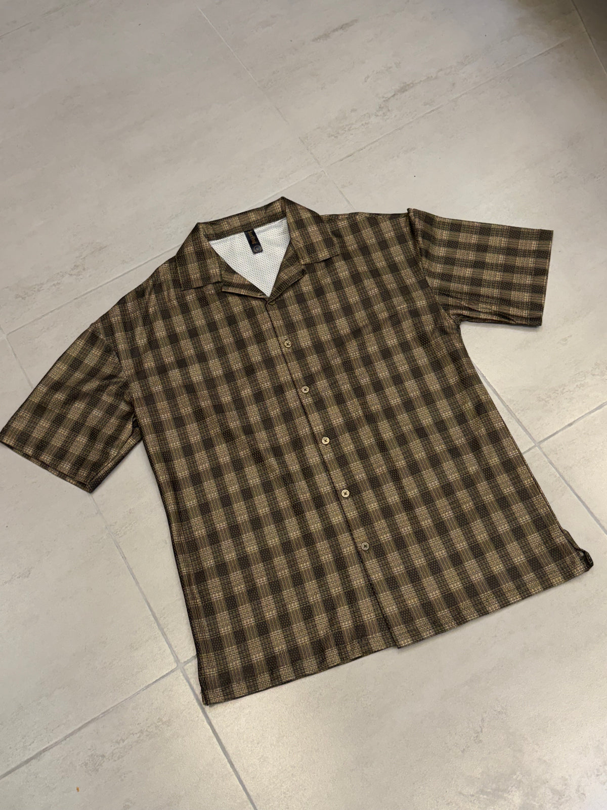 Retro Textured Checkered Camp Collar Shirt