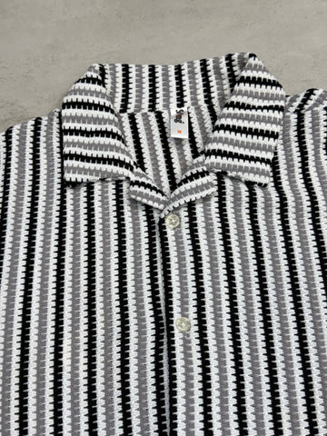 Tri-Tone Crochet Knit Striped Cuban Shirt
